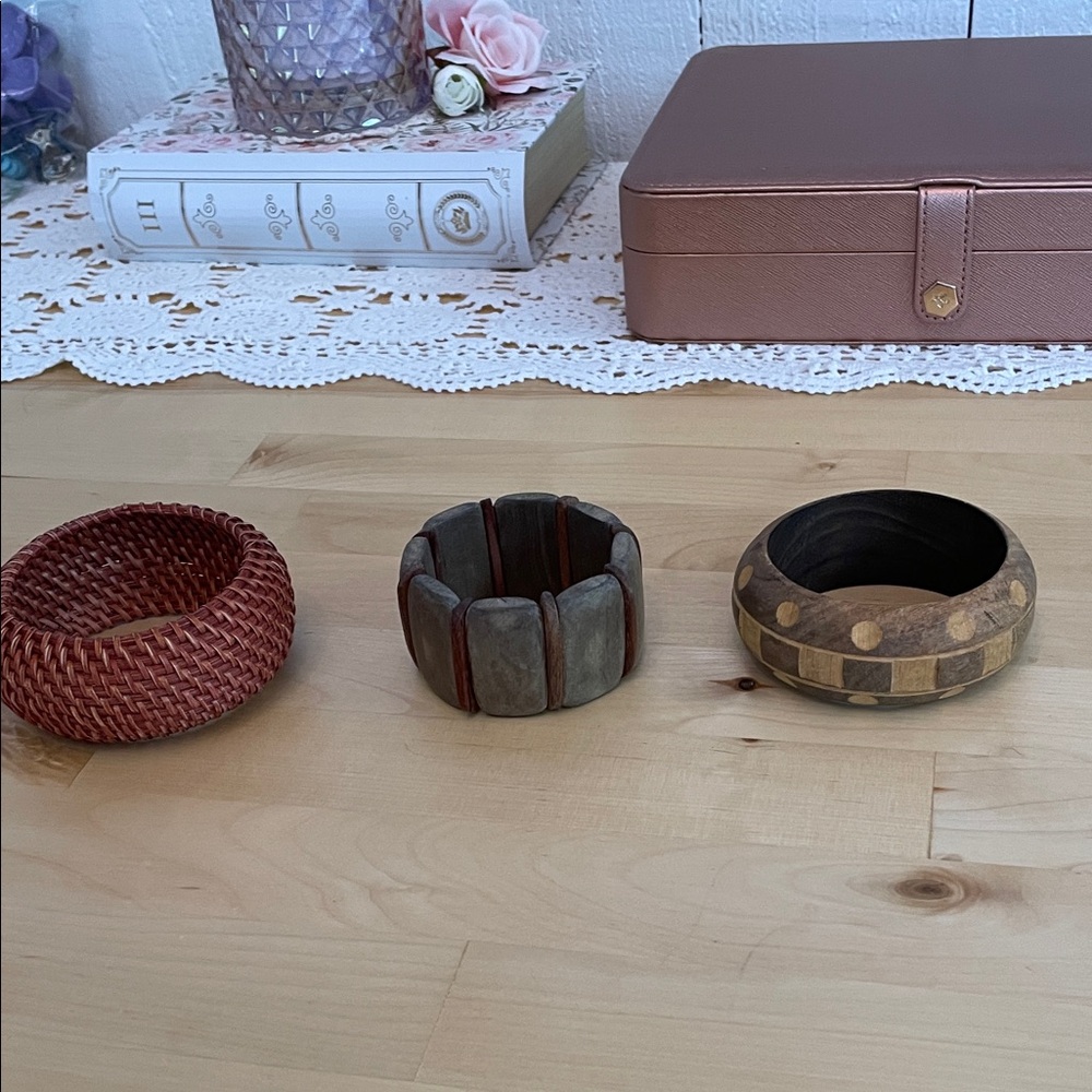 Handmade basket weave carved or beaded wooden bracelet Bangles